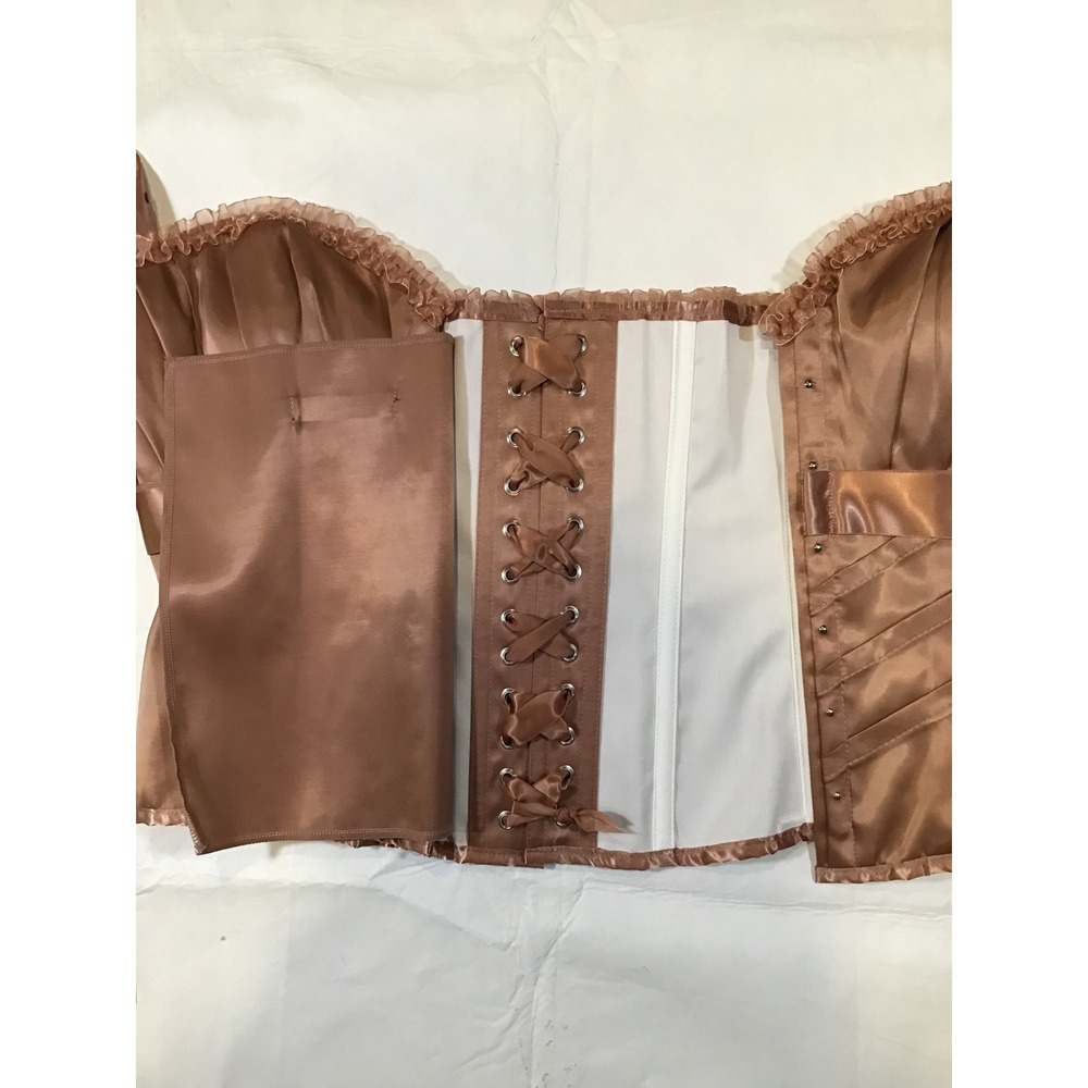 Corset Story Brown Satin Pleated Overbust Corset Steel Boned Ribbon Tie NWT UK22 - Picture 3 of 5